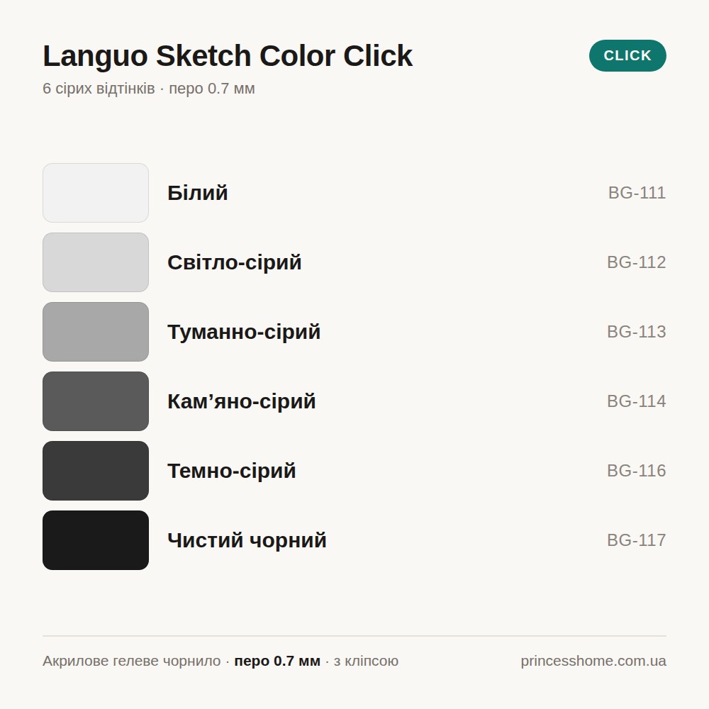 Палітра набору Акрилові гелеві ручки Languo Sketch Color Click, 6 сірих відтінків, 0.7 мм, з кліпсою