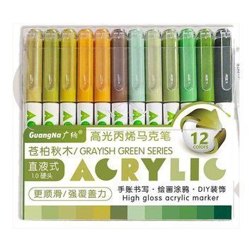 Акрилові маркери Guangna 1.0 мм, 12 кольорів: Grayish Green Series &mdash; оливково-шавлієва палітра 393 фото