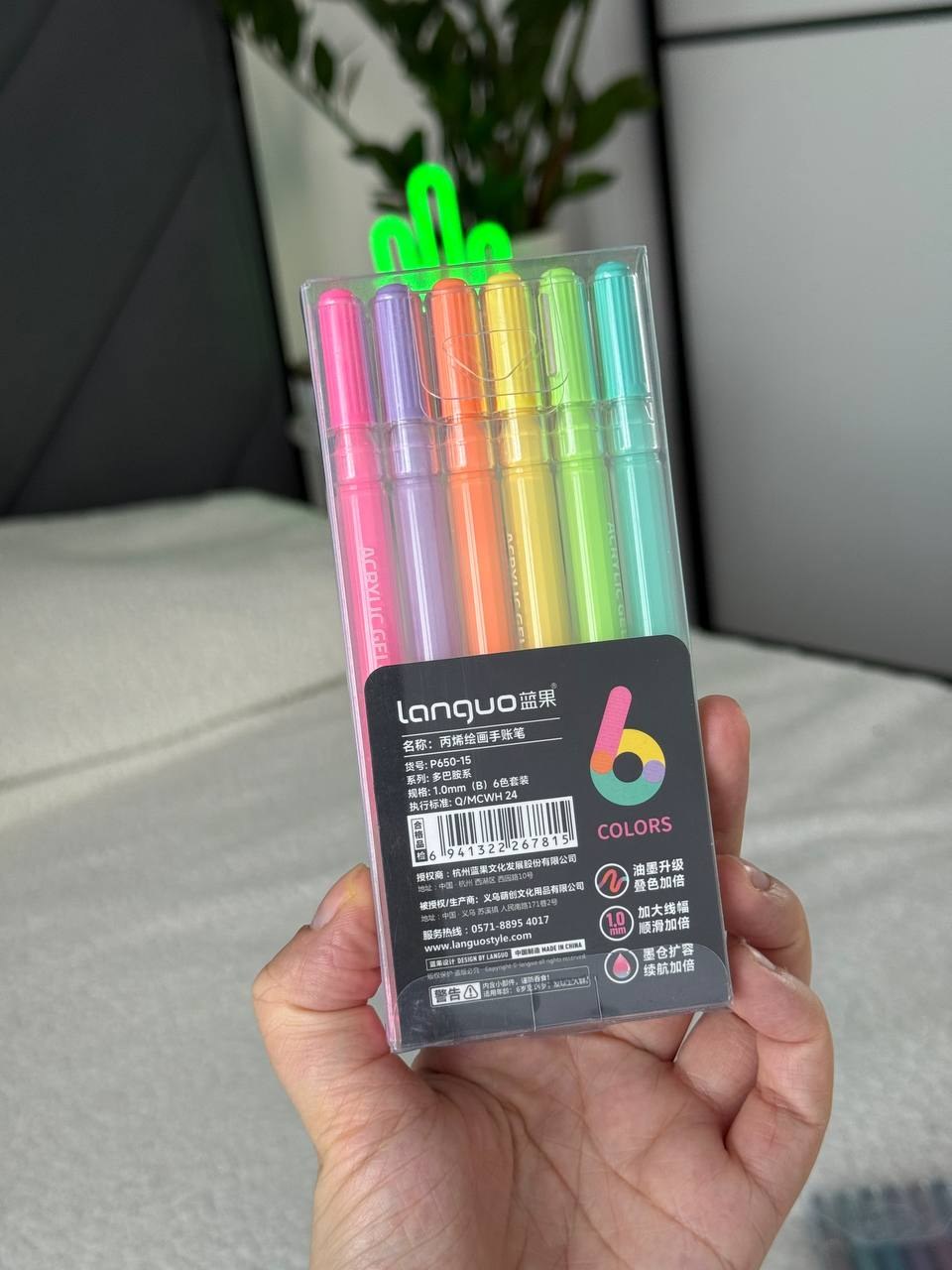 Акрилові гелеві ручки Languo Dopamine PLUS, 6 неонових відтінків, 1.0 мм — фото набору