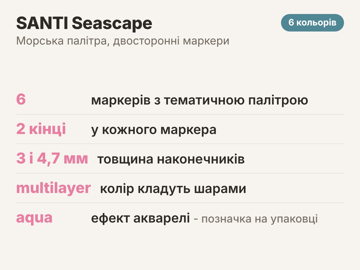 Скетч-маркери SANTI Seascape, 6 кольорів, двосторонні - що в наборі