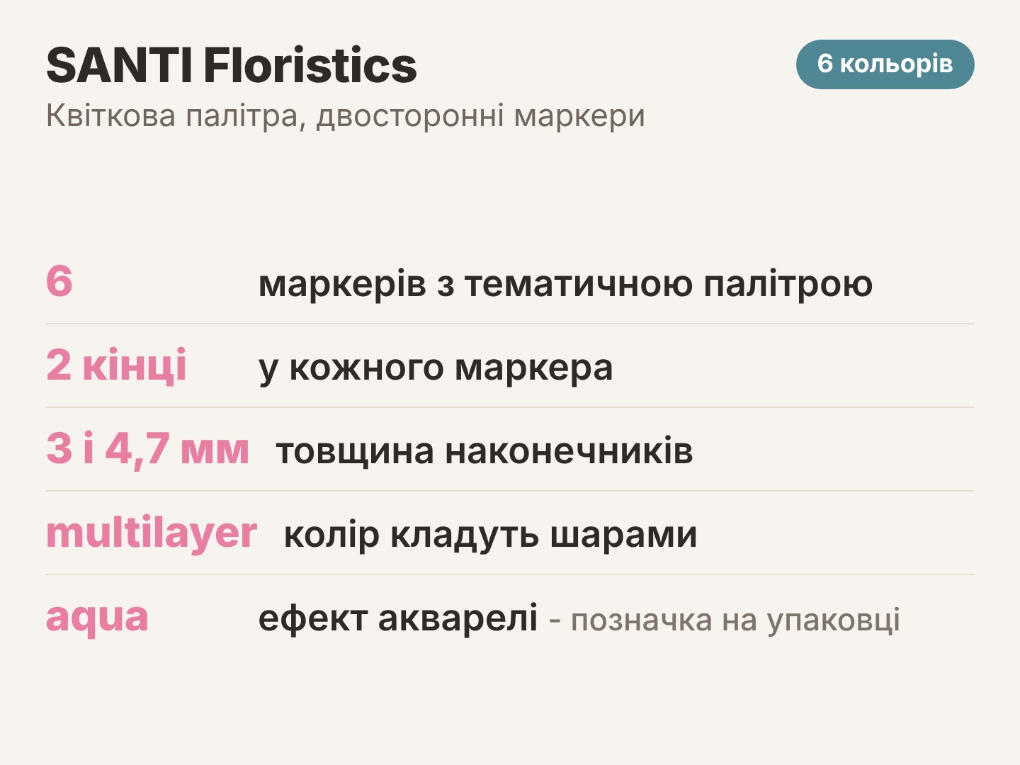 Скетч-маркери SANTI Floristics, 6 кольорів, двосторонні - що в наборі